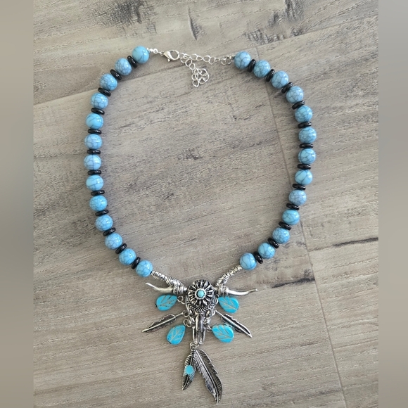 Ox Cow Skull Dangle Feathers Necklace Silver Blue/Black Beads Western Cowgirl - Picture 3 of 7